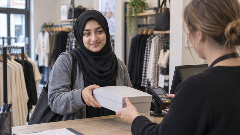A young woman hands a boxed item back across a shop returns counter to an assistant.