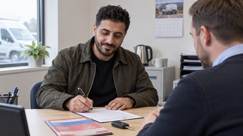 A man signs a paper document at a desk while an adviser waits with a logbook and key.