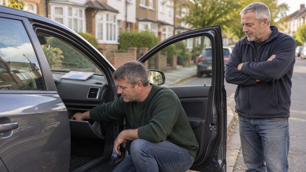 A man crouches at an open car door checking the glovebox while the seller stands watching nearby.