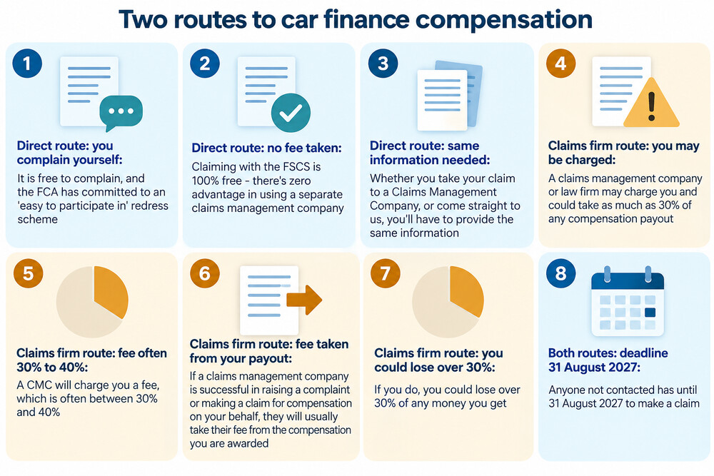 A one-page comparison of the direct route and the claims firm route, showing who does the work and who takes a cut