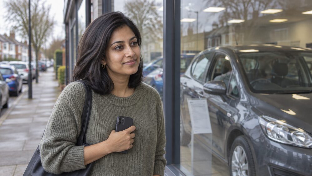 A woman stands on the pavement outside a car dealership looking through the window at a car.