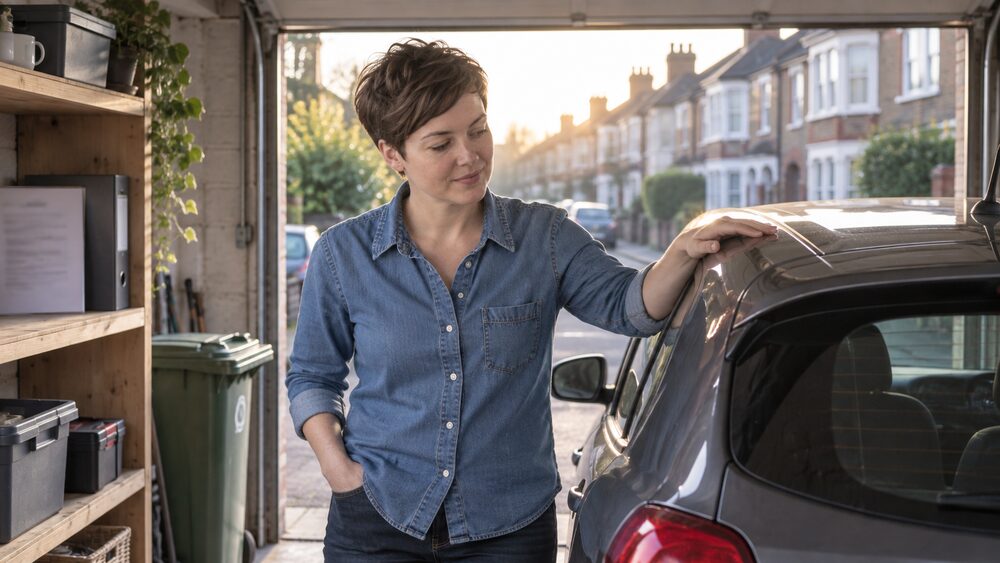 A woman stands in an open garage beside a small hatchback, resting a hand on its roof.