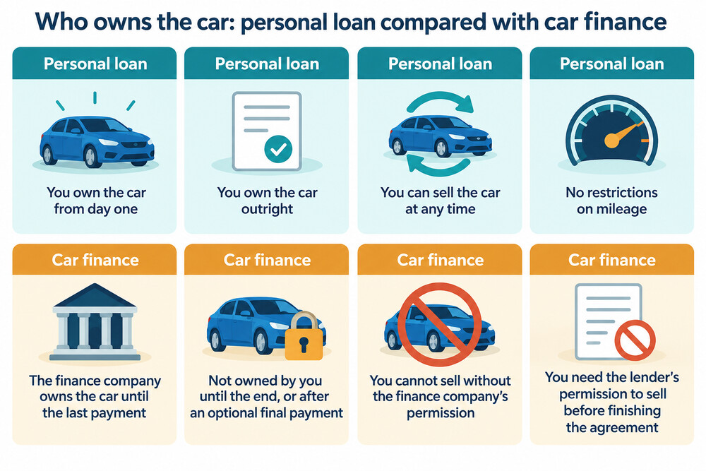 A simple side-by-side showing who owns the car under a personal loan and under car finance