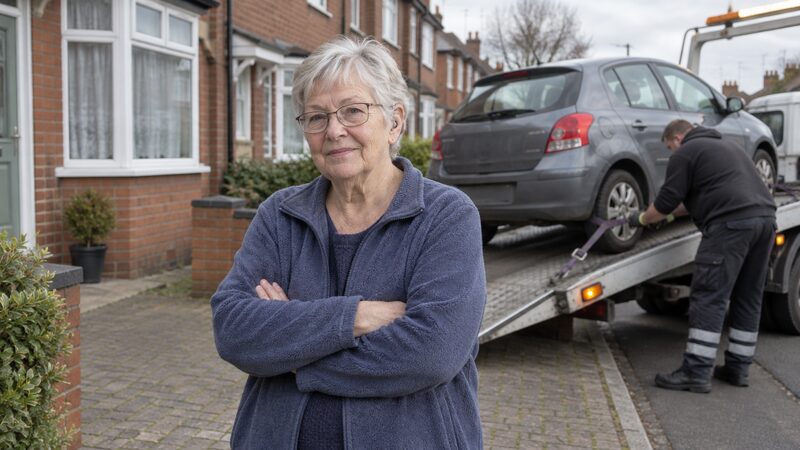 An older woman stands on a driveway watching a recovery agent load a car onto a truck.