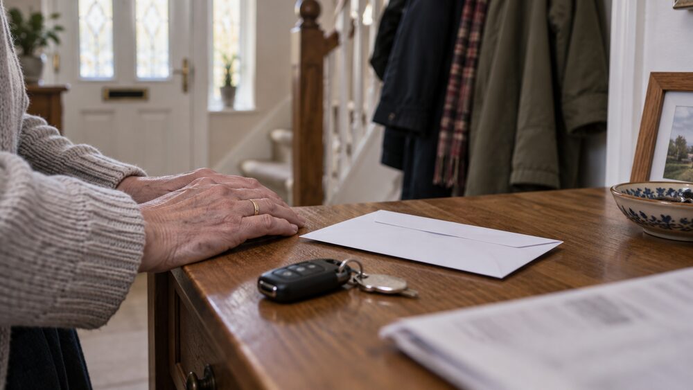Hands rest on a hall table beside car keys and a sealed envelope ready to post.