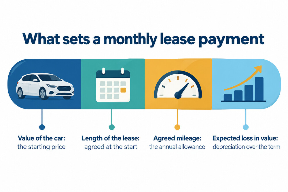 A diagram showing the four inputs that set a lease payment: car value, lease length, agreed mileage and expected loss in value