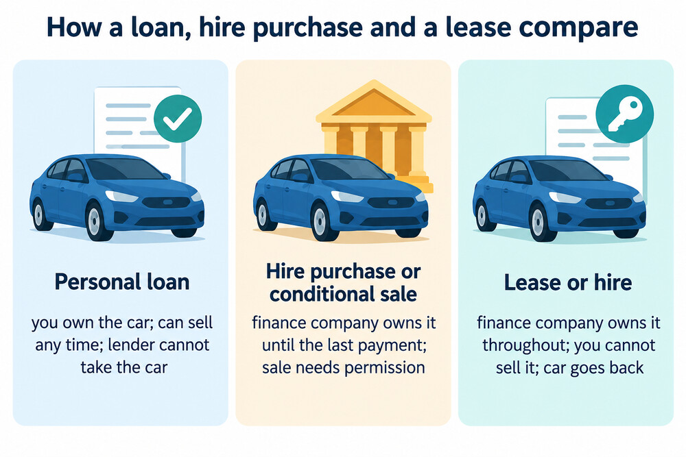 A comparison of a personal loan, hire purchase and a lease on ownership, selling and repossession