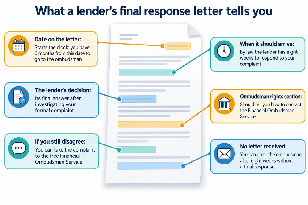 A final response letter from a lender, showing the eight-week deadline and how to refer the complaint to the ombudsman