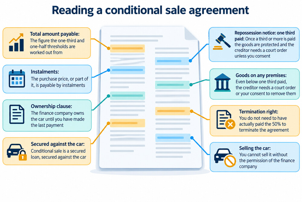 A conditional sale agreement document showing the instalment schedule and the ownership clause