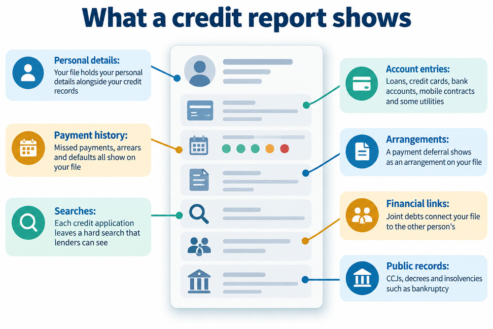 A credit report showing the sections a lender sees, including personal details, accounts, searches and court records