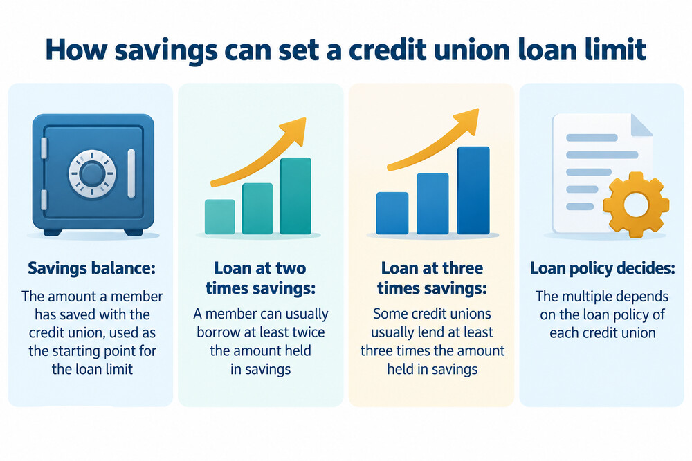 How savings with a credit unlock a larger loan, shown as savings on one side and a loan of two or three times that amount on the other