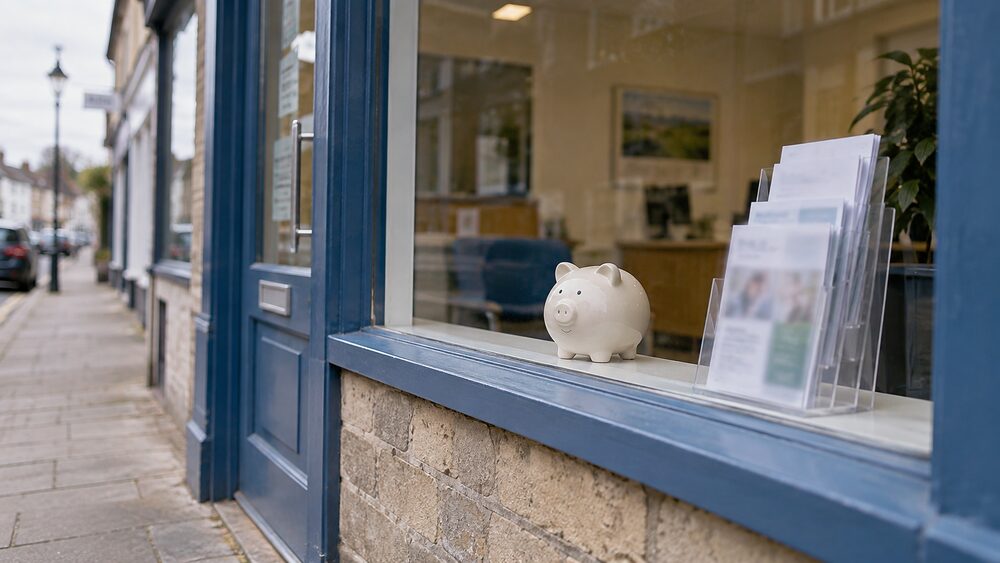 A plain piggy bank sits on a shop window sill beside a leaflet rack.