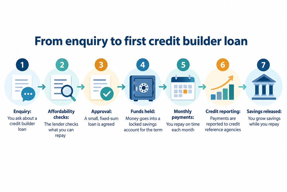 A flow diagram showing the application steps from enquiry to first loan