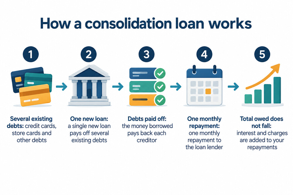 A simple diagram showing several debts being paid off by one new loan, leaving a single monthly repayment