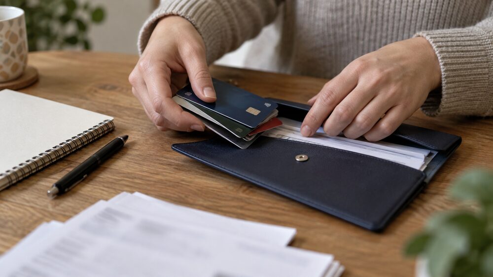 Hands gather several plastic cards and papers into a document wallet on a table.