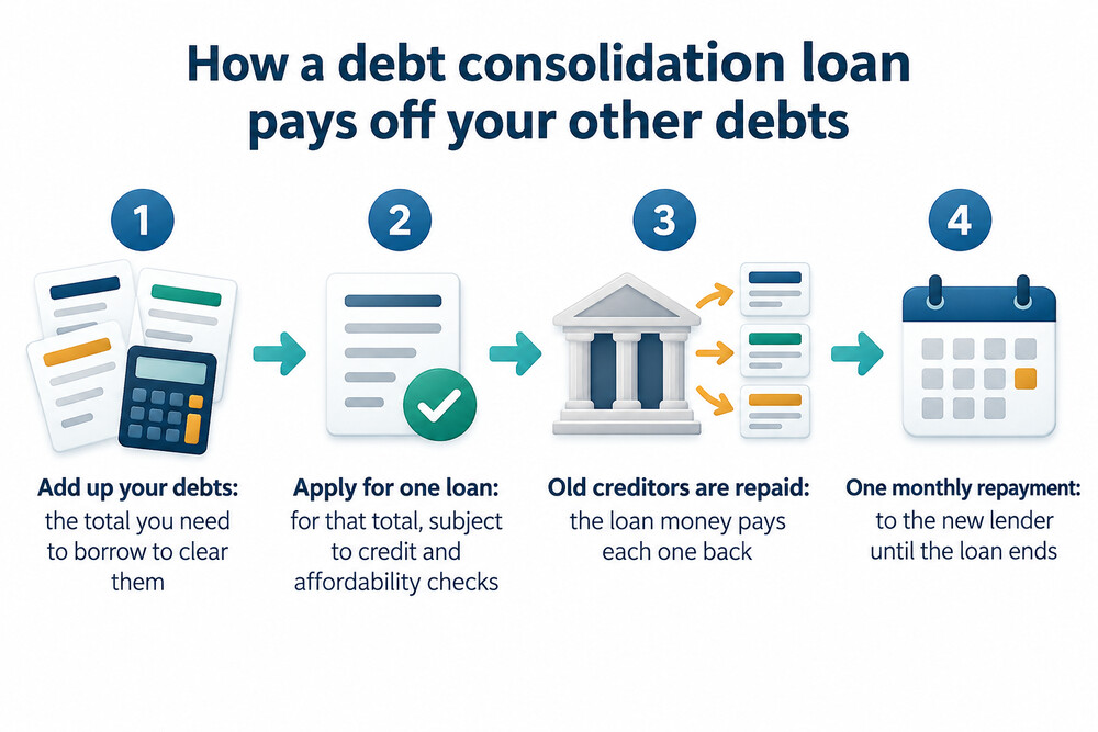 A diagram showing several debts being paid off by one new loan, leaving a single monthly payment