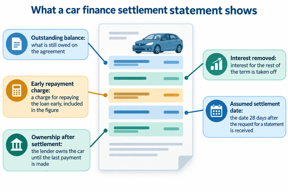 A one-page settlement statement showing the outstanding balance, the interest removed and the early repayment charge