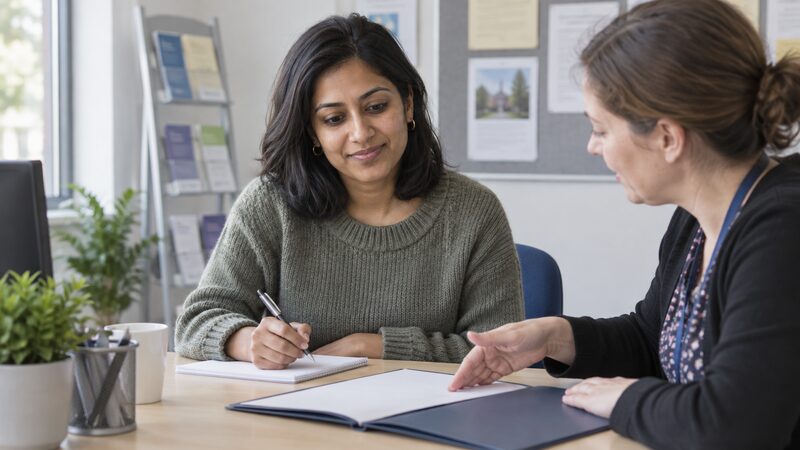 Woman sits across a desk from an adviser in a community advice centre, holding a pen.