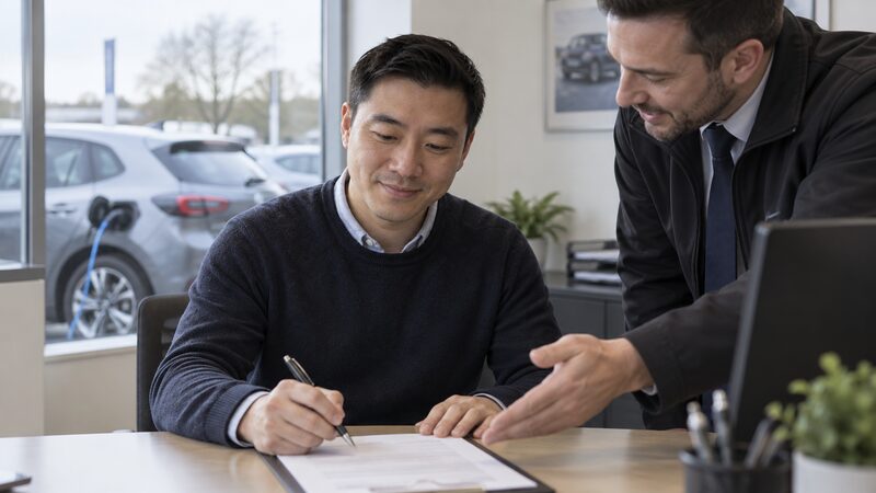 Man sits at a dealership desk with a pen over paperwork, electric car outside.