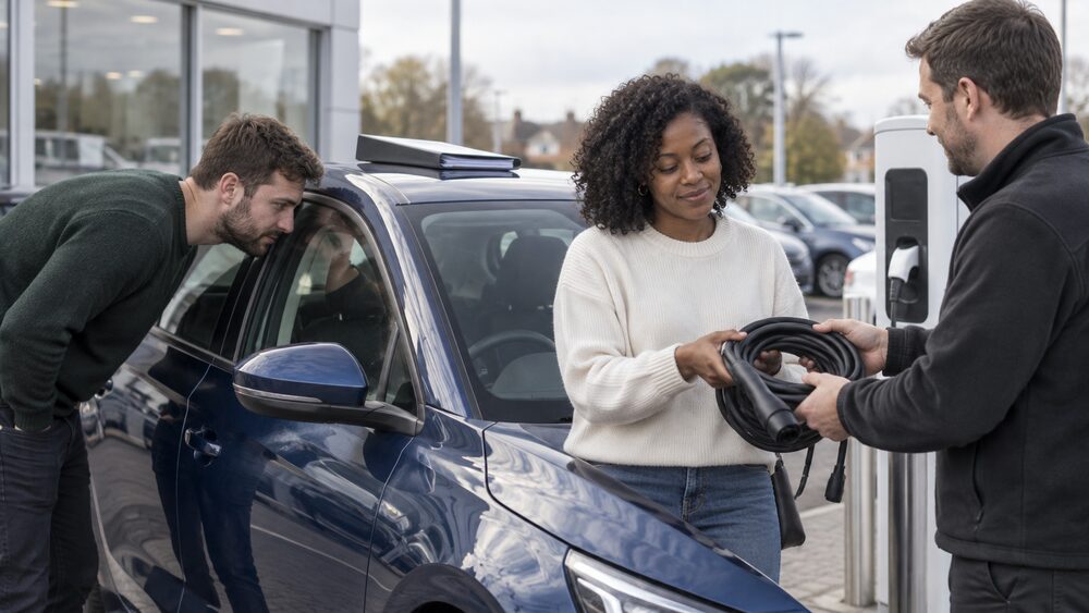 A salesman hands a charging cable to a woman beside a new electric car.