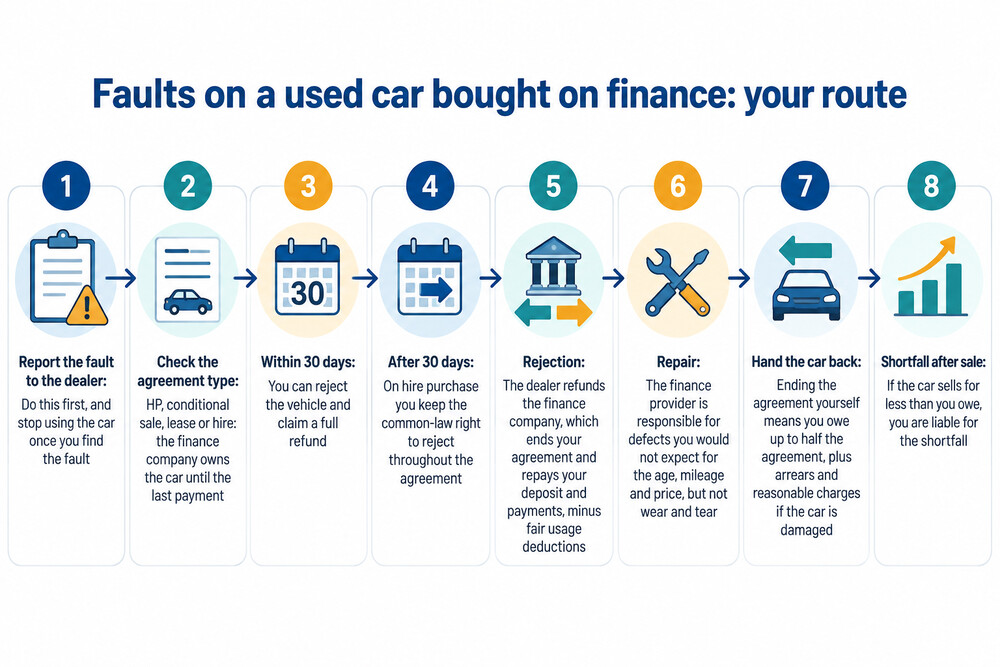 A flow diagram showing the steps from reporting a fault to rejection, repair or handing the car back