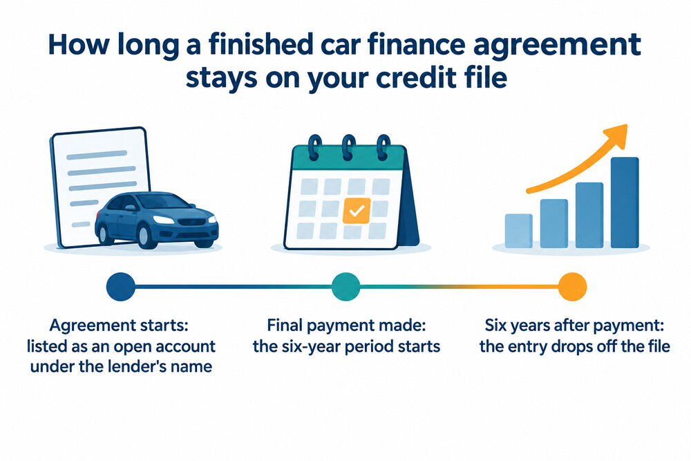 A timeline of an agreement running from start to final payment, then six further years on the credit file before dropping off