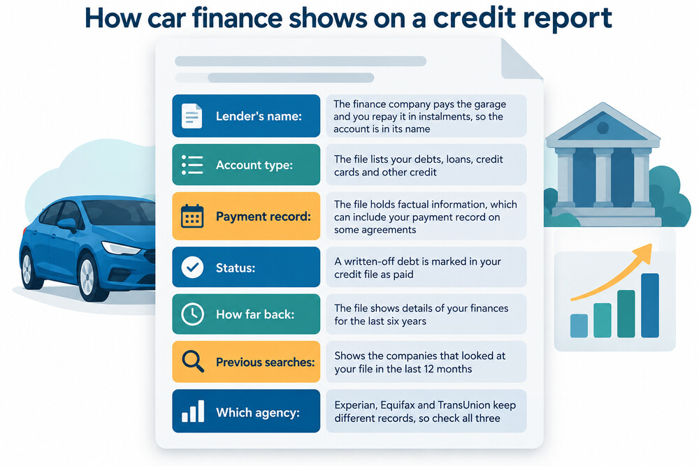 A car finance agreement listed on a credit report, showing the lender's name and payment history