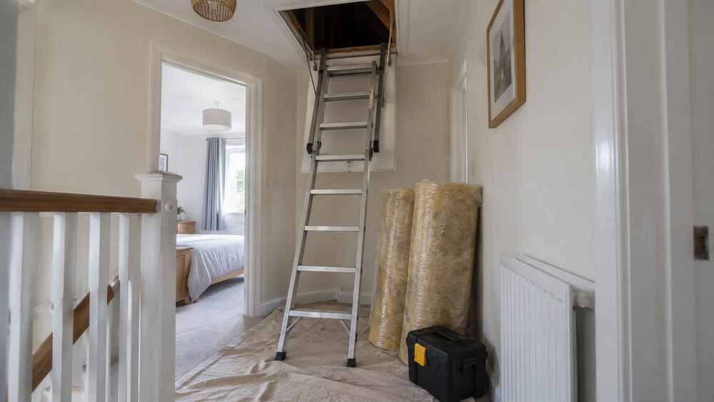 An open loft hatch with a ladder down and insulation rolls on a landing floor.