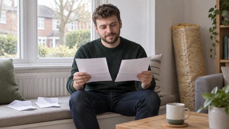 Man sits on a window seat holding two letters side by side to compare them.