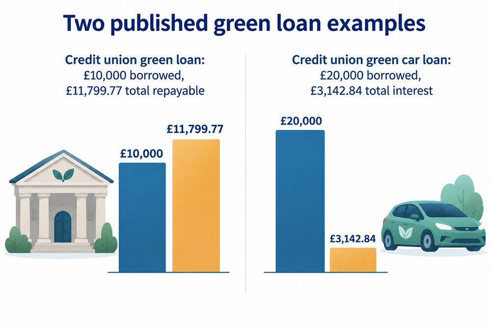 A bar chart comparing the total repayable on a £10,000 green loan with the interest on a £20,000 green car loan
