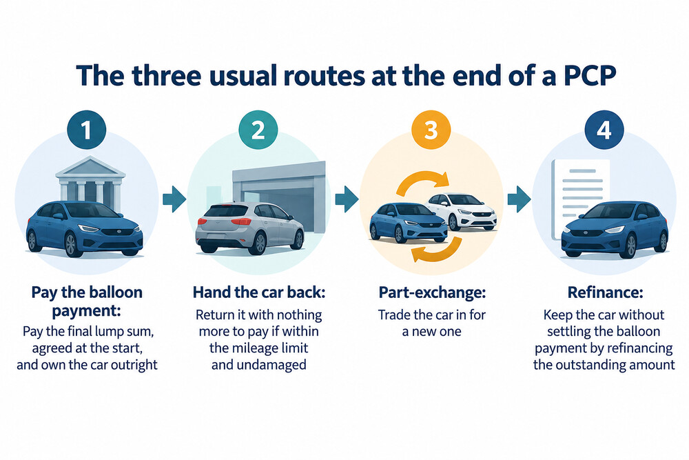 A one-page diagram of the three end-of-PCP routes: pay and keep, hand back, or part-exchange