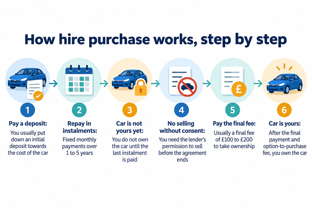 A diagram showing how the money and the goods move through a hire purchase agreement, from dealer to finance company to buyer