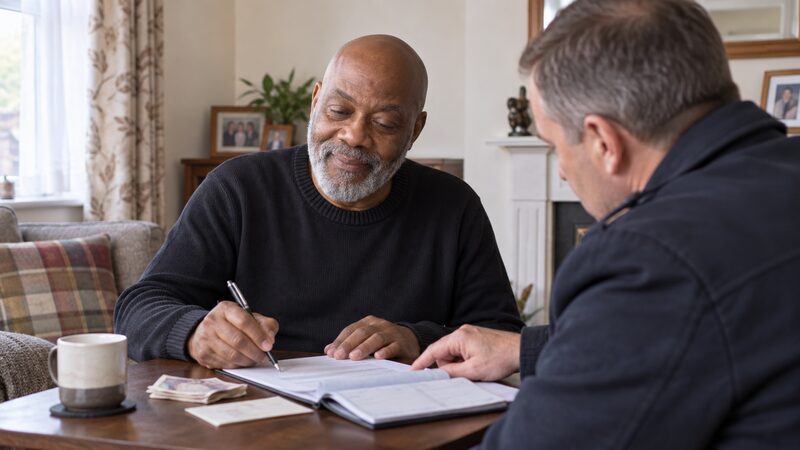 A doorstep loan agent handing a borrower a credit agreement to read at home