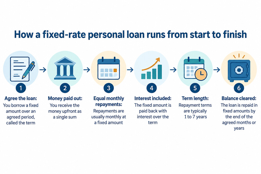 A timeline showing a personal loan from lump sum paid out to the final monthly instalment