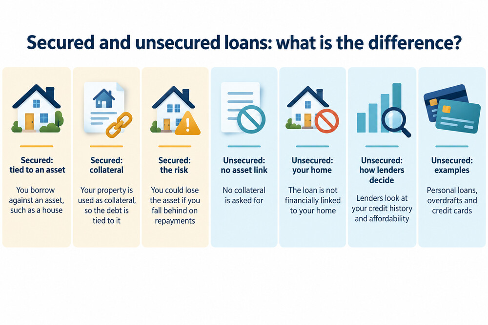 Two loans side by side, one tied to a house as collateral and one standing alone, showing the difference between secured and unsecured borrowing
