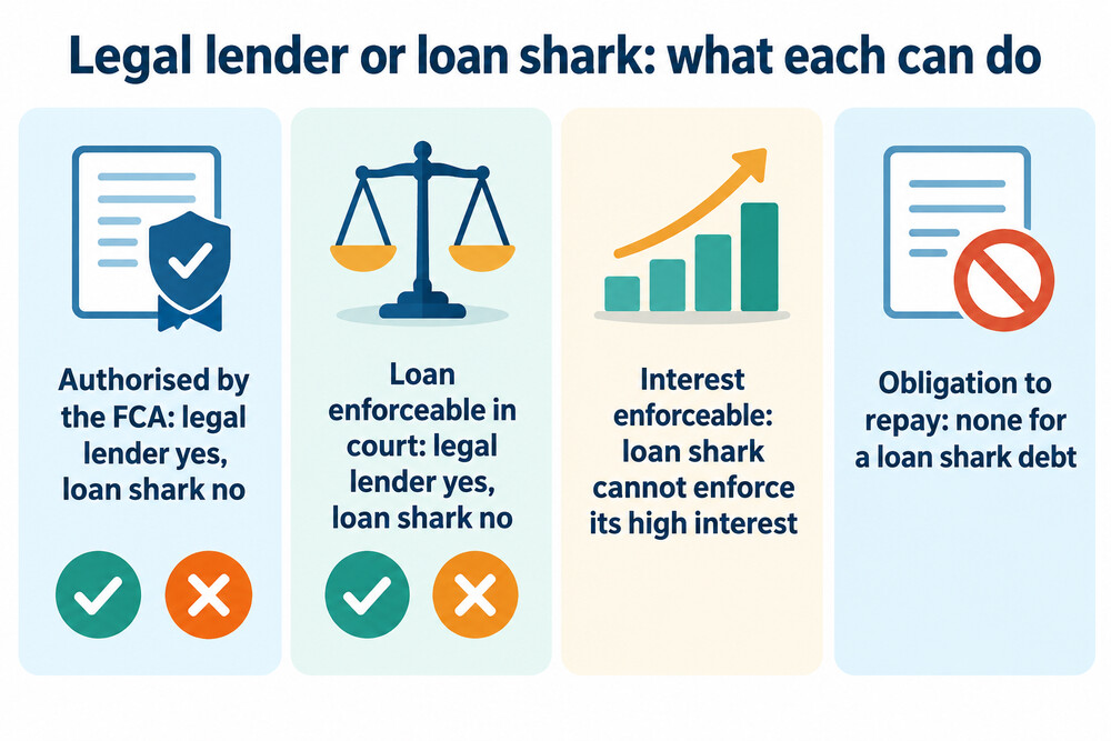 Diagram comparing what happens when a legal loan is not repaid with what a loan shark can and cannot do