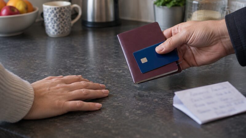 Hands hold a debit card and passport above a kitchen worktop with a handwritten note.