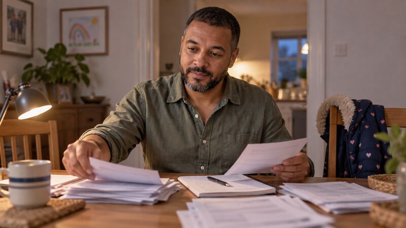 Man sits at a dining table sorting bank statements, payslips and a budget sheet.