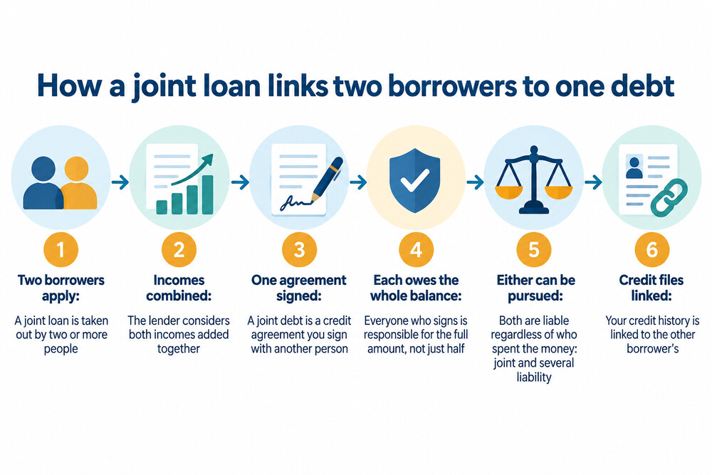 A joint loan agreement document signed by two borrowers, both named as liable for the full amount