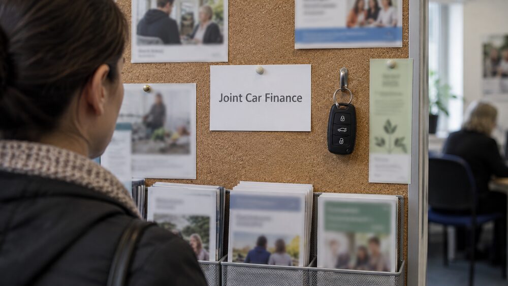 Couple sit side by side at a dealership desk signing the same car finance papers.
