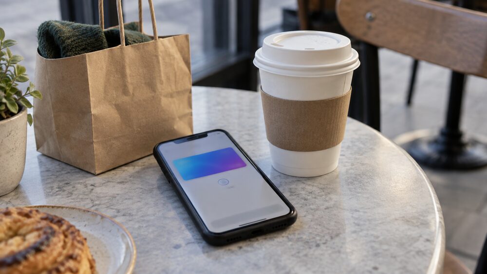 A phone showing a wallet screen lies on a café table beside a coffee cup.