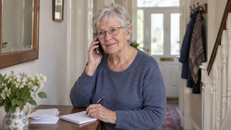 An older woman stands in a hallway holding a phone to her ear, with a notepad and letters nearby.