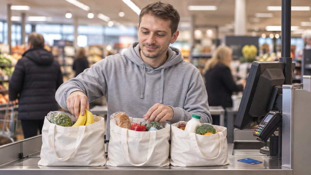 A man divides his shopping into three piles at a supermarket self-checkout.