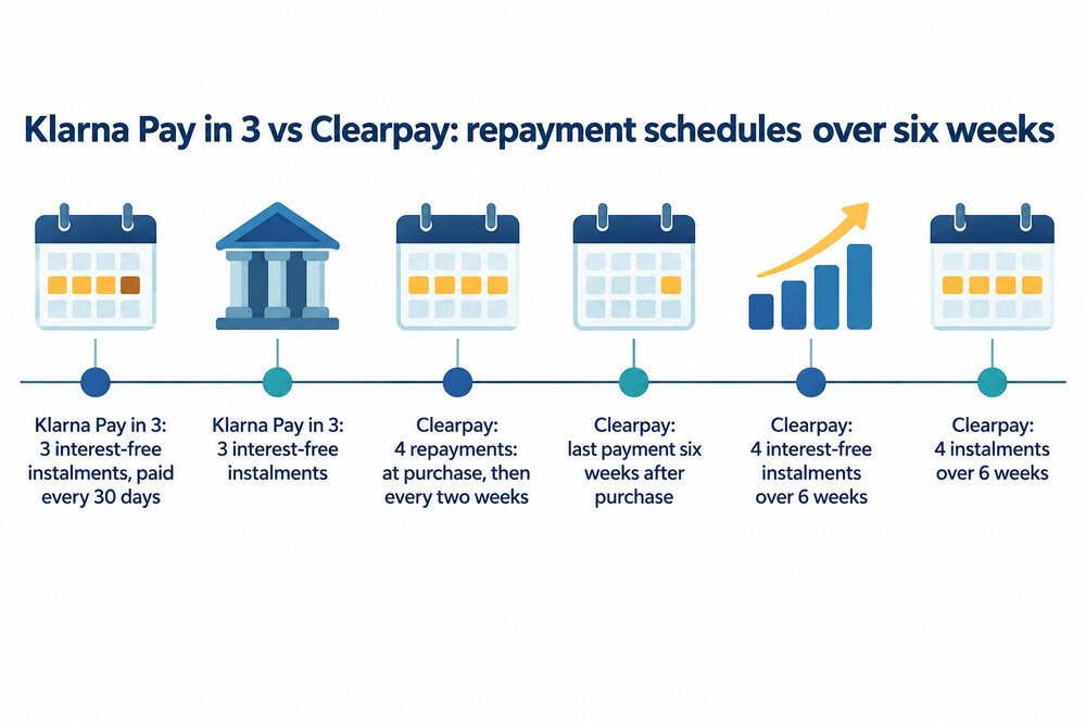 A side-by-side timeline showing Klarna Pay in 3 instalments at 30-day intervals and Clearpay's four repayments at two-week intervals