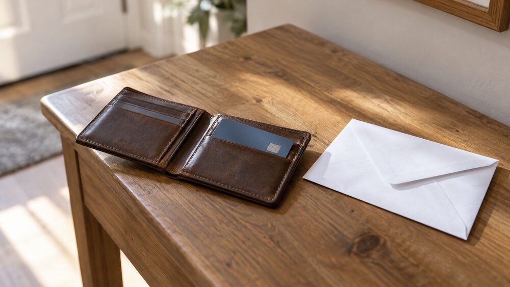 An open wallet with a payment card half out lies beside a sealed card envelope.
