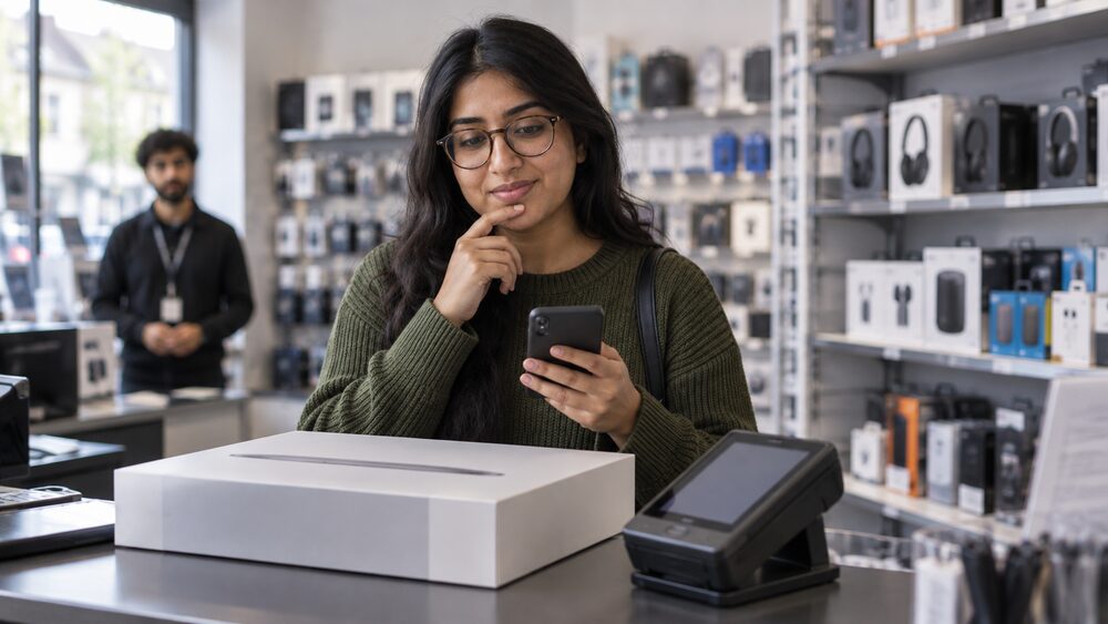A woman holds her phone at an electronics shop counter beside a boxed laptop.