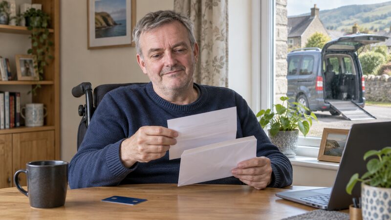 A man in a wheelchair sits at a desk by a window, opening an envelope with a debit card nearby.