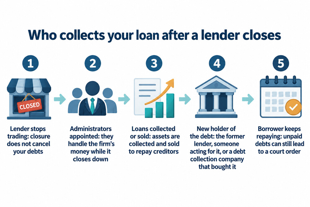 How a loan moves when a lender closes, from the failed lender to administrators and then to a buyer or collector