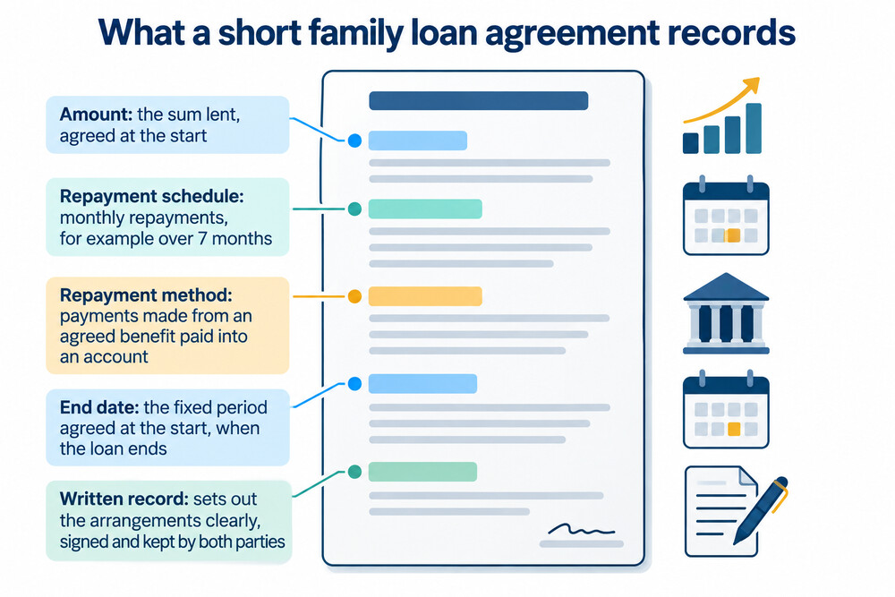 A short written family loan agreement showing the amount, the monthly repayment and the date it ends