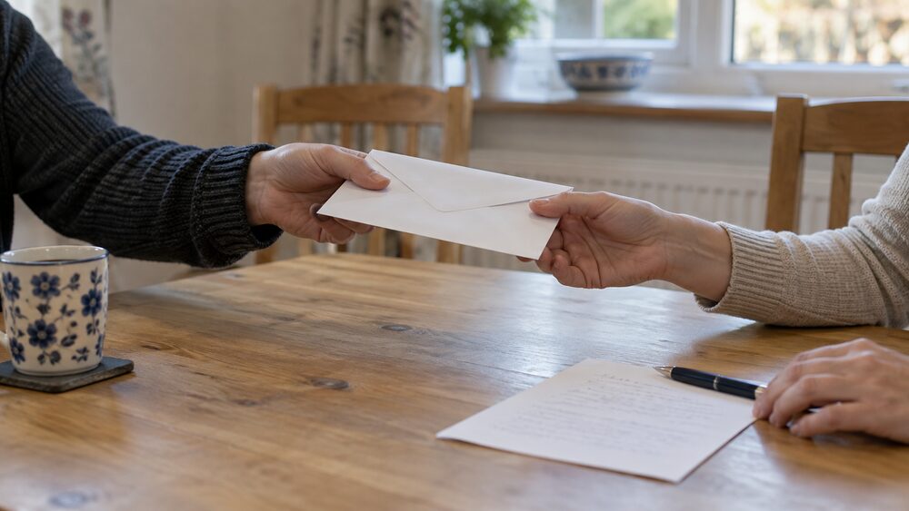 Two hands pass a sealed envelope across a table, with a handwritten note and pen beside it.